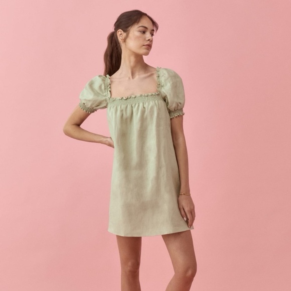 Reformation “Carsen” Mini Short Sleeve Puff Linen Dress
